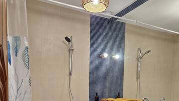 Hair dryer, towels, soap, shampoo