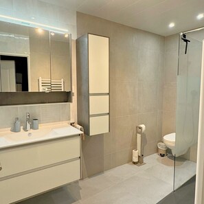 Douche, sèche-cheveux, serviettes fournies, savon