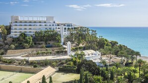 Un hotel de varios pisos con una terraza en la azotea que da al mar, rodeado de palmeras y vegetación.