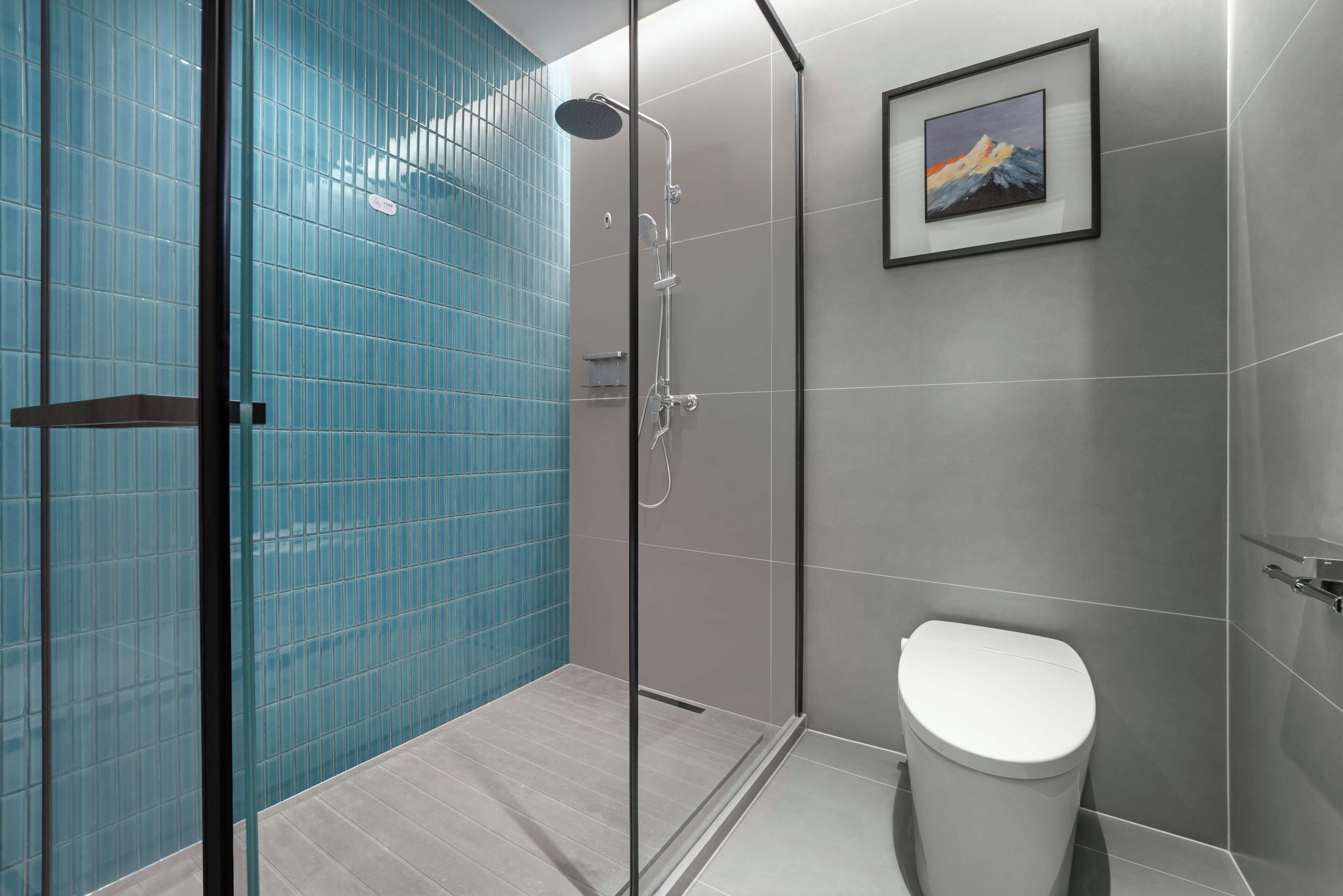 A modern bathroom with a glass shower enclosure, a white toilet, and a framed painting on the wall.