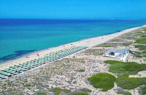 Playa privada, tumbonas, sombrillas y bar en la playa