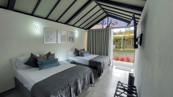 A hotel room with two beds, a ceiling with exposed beams, framed artwork on the wall, and a view of a garden through a glass door. - NEW STAR CENTER (Rionegro)