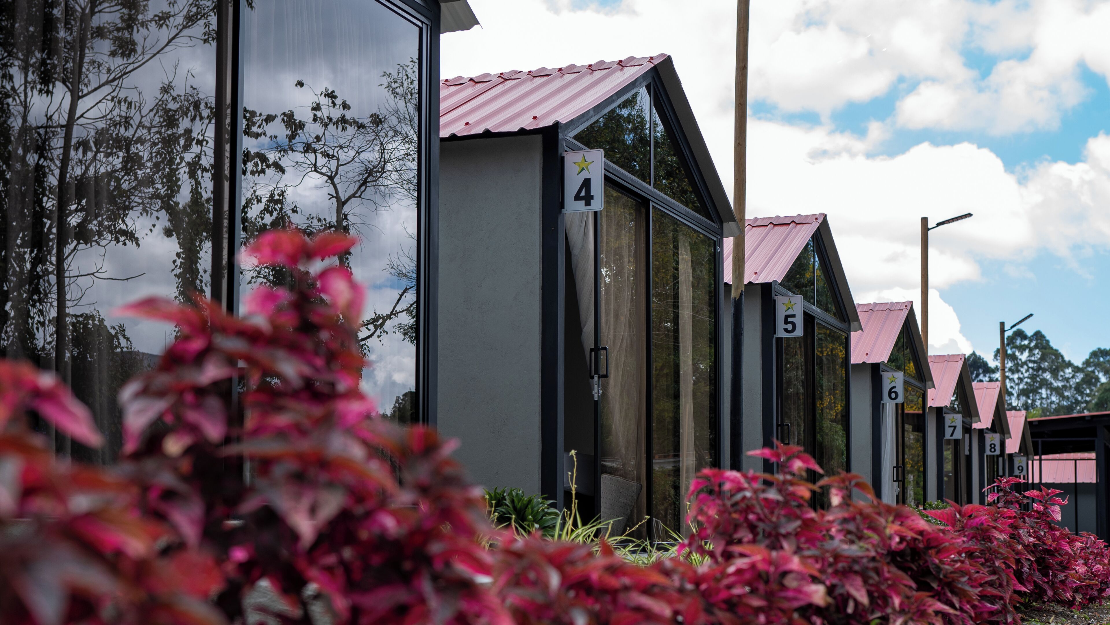 A row of numbered cabins with metal roofs, each with a door and windows, surrounded by vegetation.