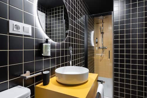 Hair dryer, towels, shampoo, toilet paper