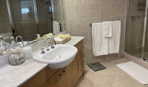 Shower, jetted tub, hair dryer, towels