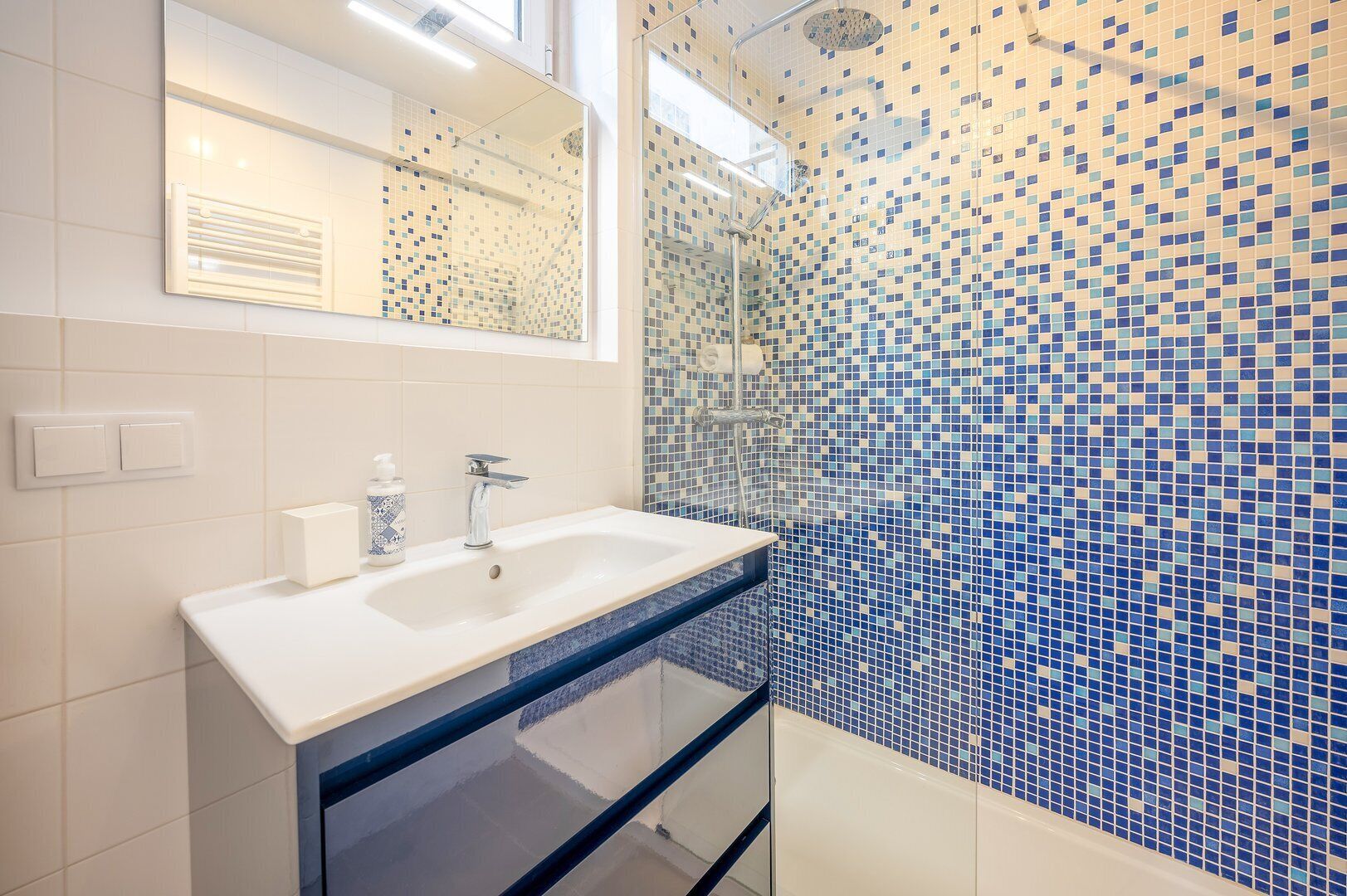 Shower, hair dryer, towels
