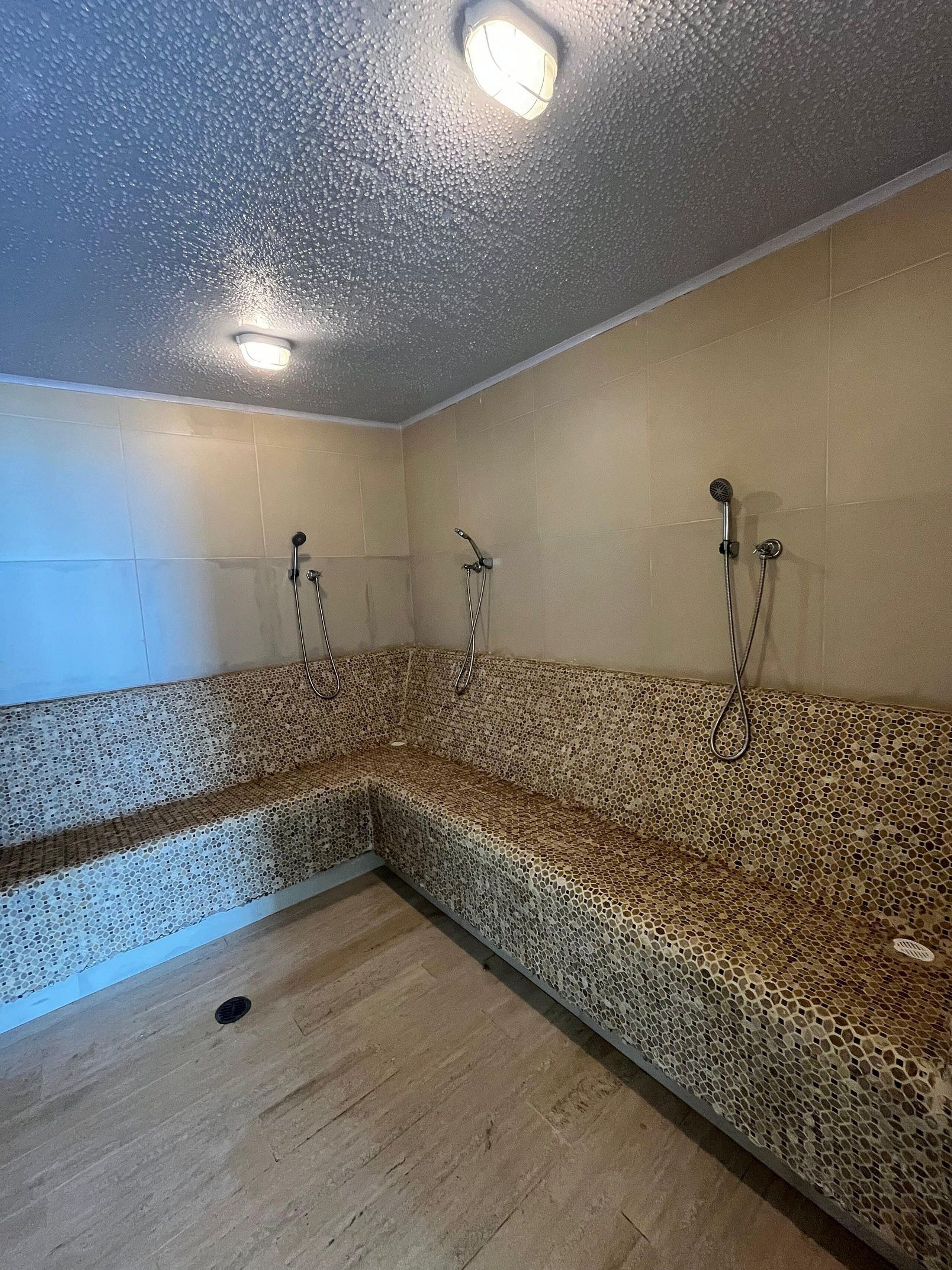 A spa room with a mosaic-tiled bench, a showerhead, and a light fixture on the ceiling.