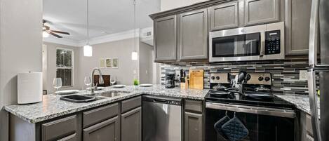 Fridge, microwave, oven, stovetop