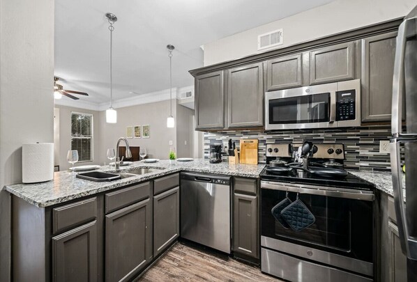Fridge, microwave, oven, stovetop