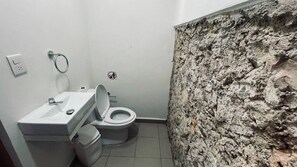Secador de cabelo, toalhas de banho, sabonete, papel higiênico