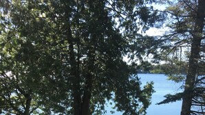 A view of a lake with a boat, surrounded by trees and a wooden deck.