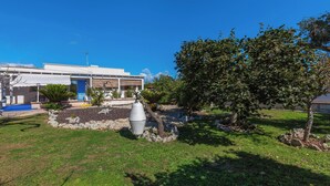 Una casa moderna con puerta azul, un jardín con un árbol grande y una estructura de piedra decorativa.