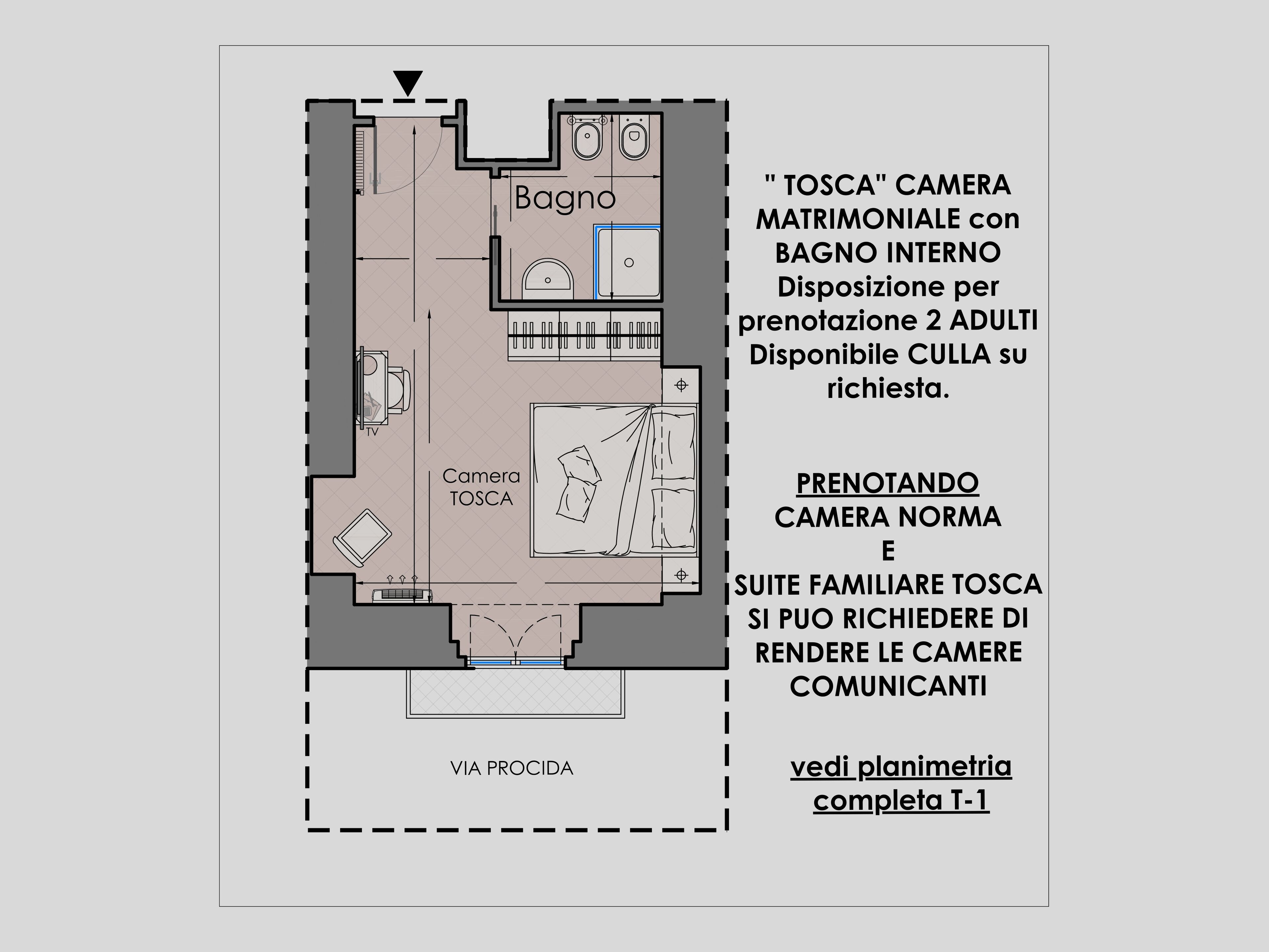 Ein Grundriss eines Zimmers mit einem 'Camera Tosca' und einem 'Bagno' (Badezimmer). Es gibt ein 'Camera Tosca' mit Fernseher, ein 'Bagno' mit Toilette und Waschbecken sowie einen 'VIA PROCIDA' (Eingang).