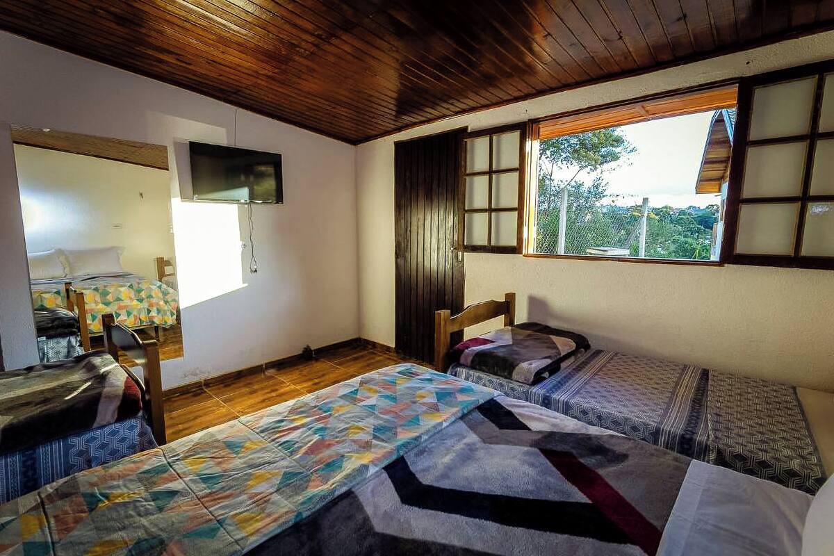 Una habitación con dos camas, techo de madera, televisor montado en la pared y ventana con vistas a la vegetación.
