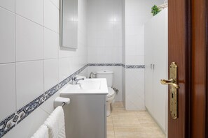 Chuveiro, secador de cabelo, toalhas de banho 