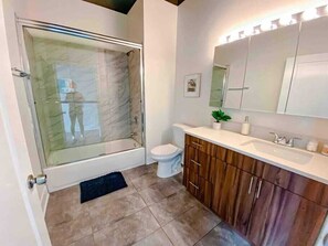 Hair dryer, towels, soap, shampoo