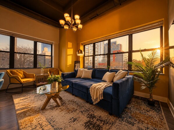A modern living room with a blue sofa, a yellow armchair, a glass coffee table, and large windows with a city view. - McCormick 2BR Family Retreat Near Museum Campus & Soldier Field (Chicago)