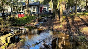 A rustic cabin with a stone foundation, surrounded by a forested area and a small stream. - Enchanted Fox Dell Cottage (Smallwood)