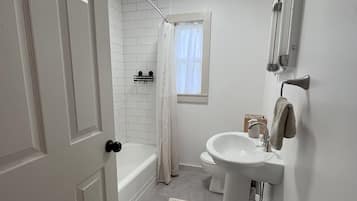 Hair dryer, towels, toilet paper