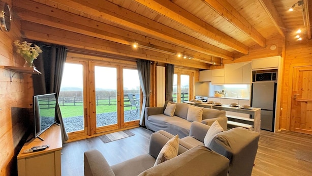 Een gezellig interieur van een blokhut met een zithoek, een televisie en een keukenhoek.