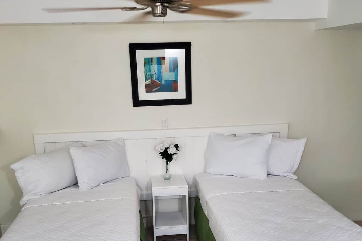 Una habitación con dos camas individuales, una mesita de noche, un ventilador de techo y un cuadro en la pared.