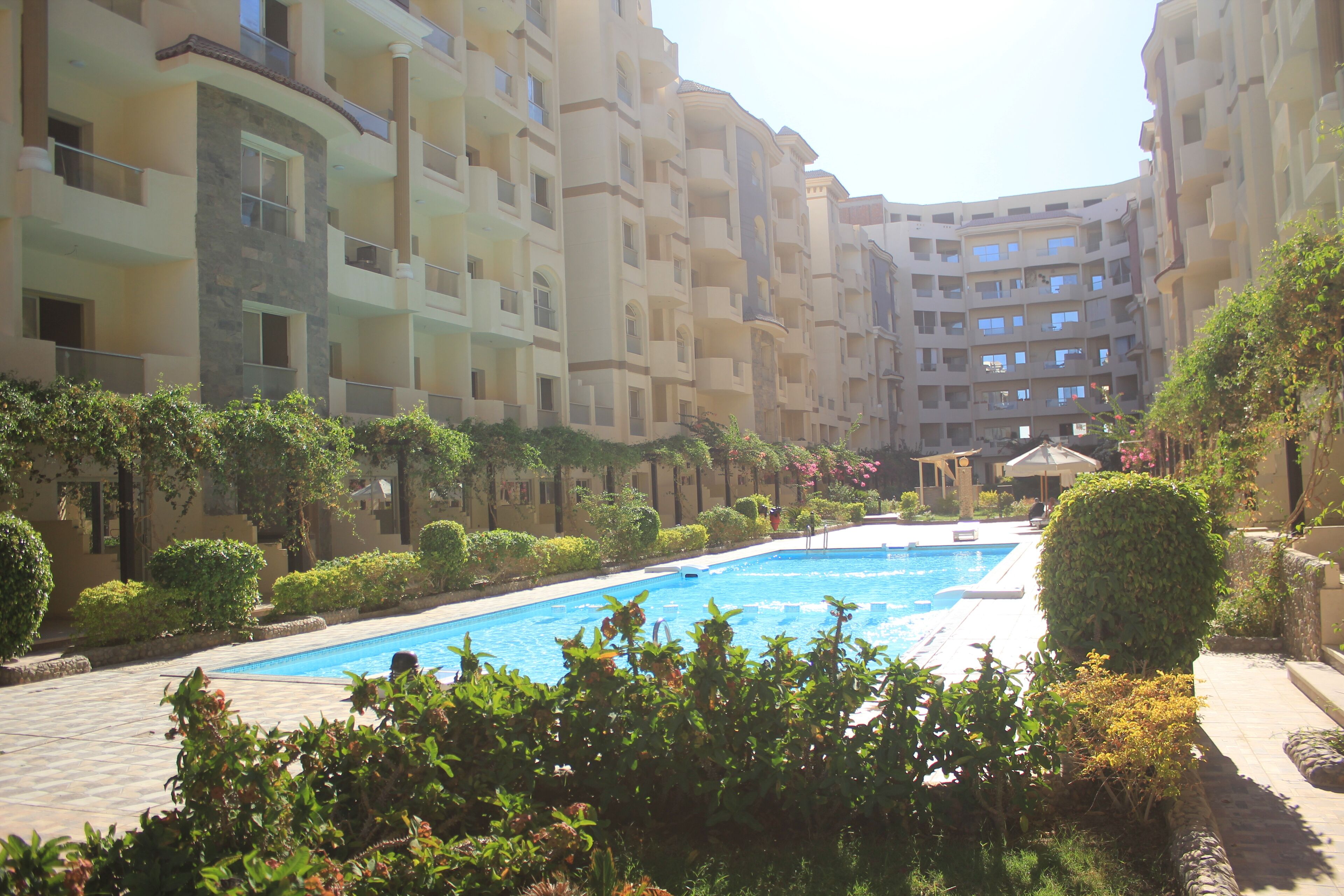 A swimming pool surrounded by lush greenery and multi-story residential buildings.