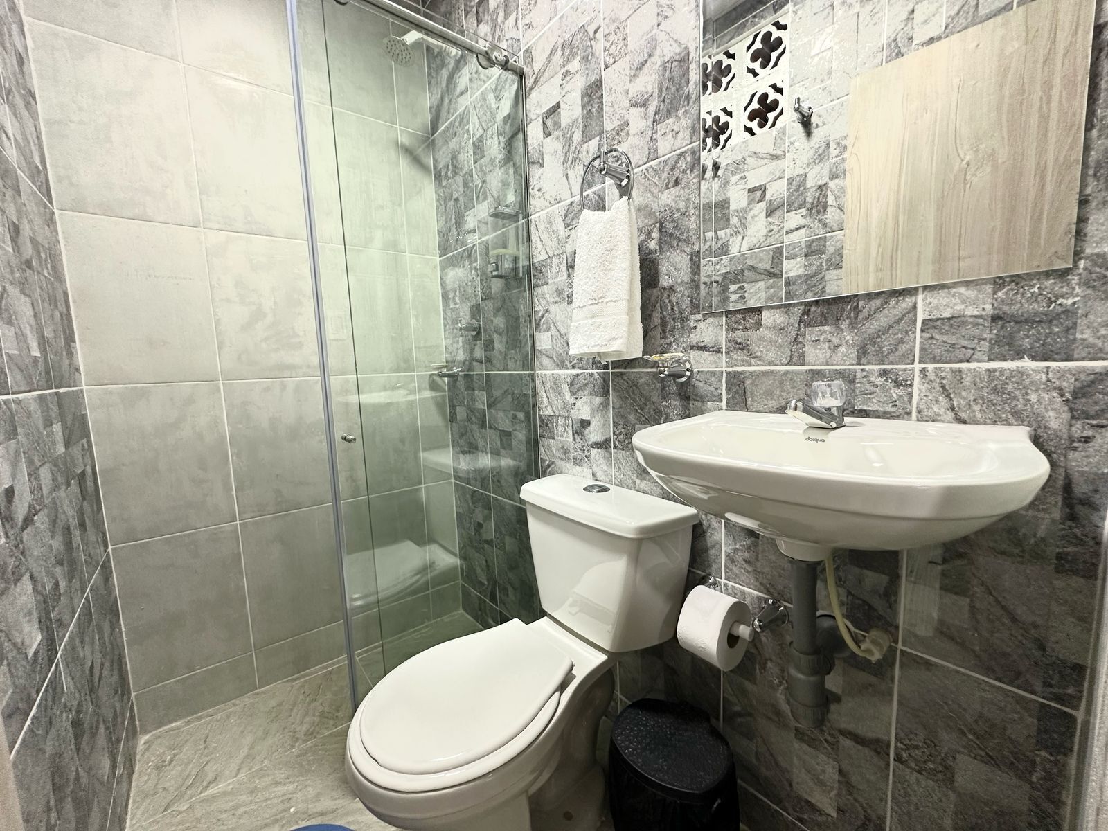 Un baño con inodoro, lavamanos y ducha.