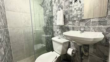 Une salle de bain équipée de toilettes, d’un lavabo et d’une douche.