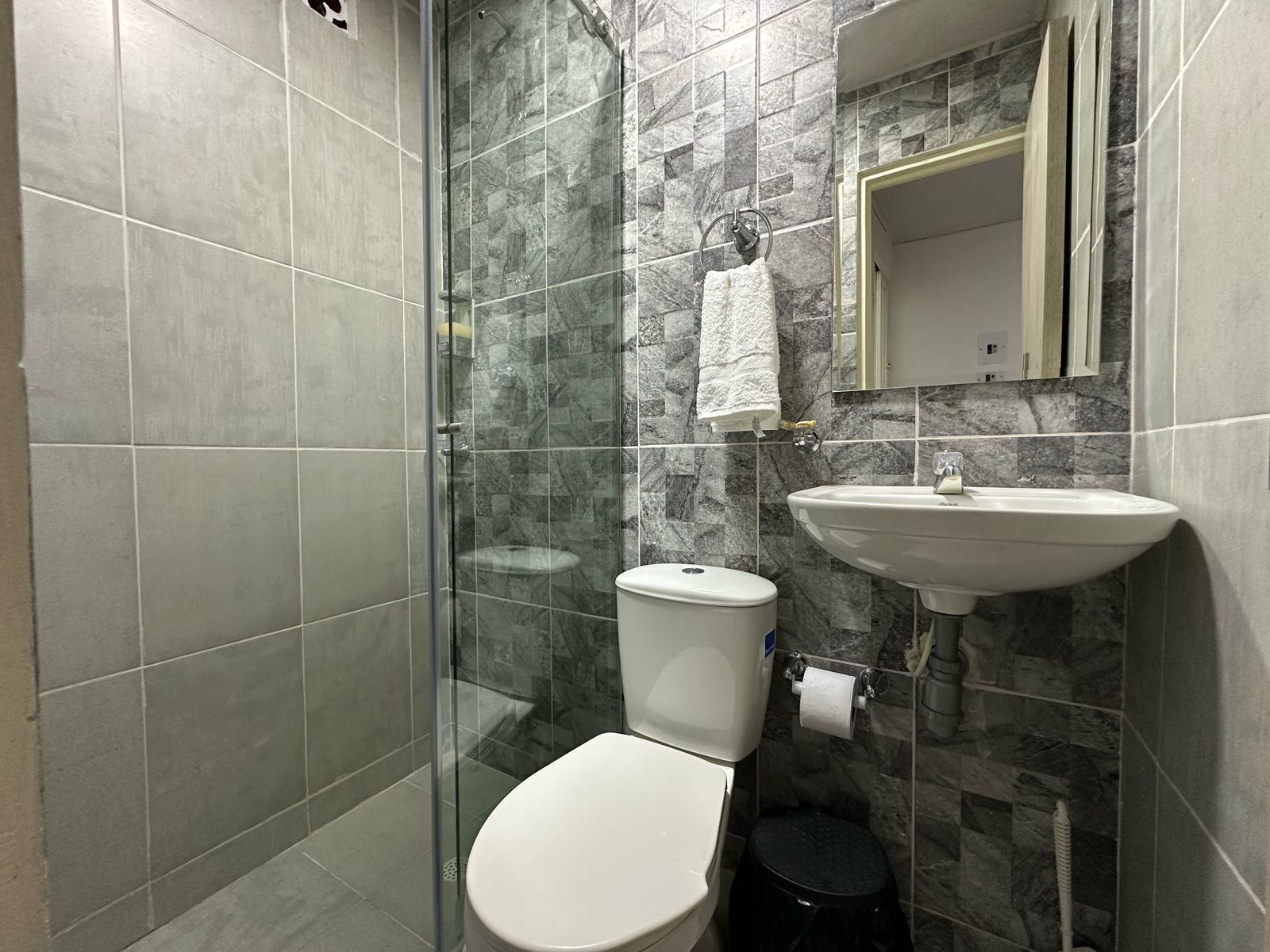 Ein Badezimmer mit Duschkabine aus Glas, Toilette, Waschbecken und Spiegel.