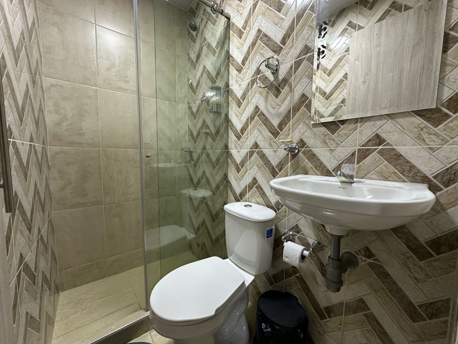 Un baño con ducha de mampara de vidrio, inodoro y lavabo.