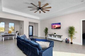 Smart TV, fireplace, table football, ping pong