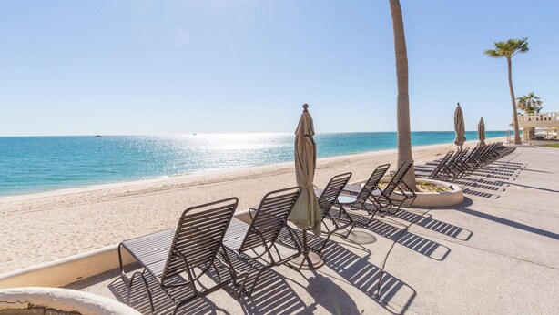 A beachside lounge with sun loungers and umbrellas, palm trees, and a clear view of the ocean. - Casa Frida Massive Condo Sleeps up to 12! (Puerto Peñasco)