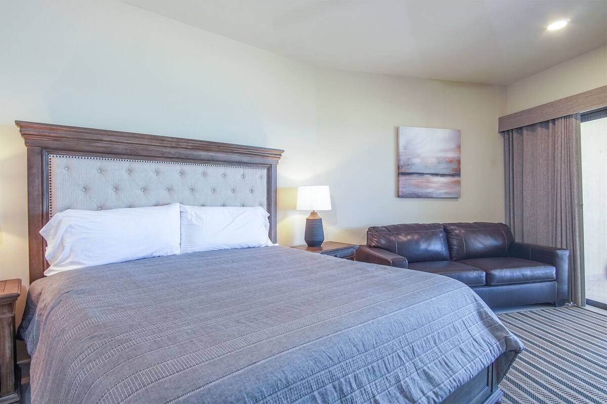 Habitación de hotel con una cama grande, un sillón de cuero, una mesita de noche con lámpara y un cuadro en la pared.