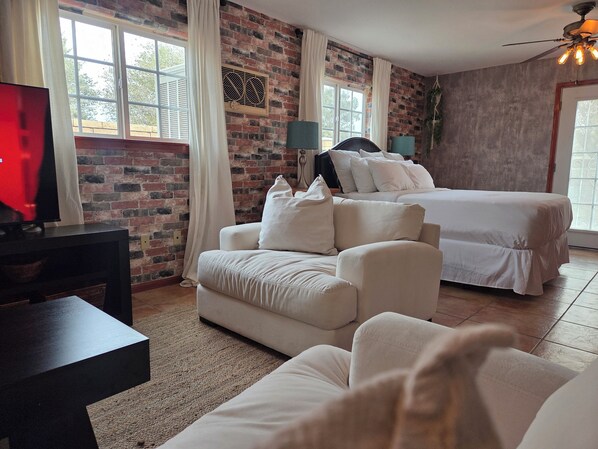 1 bedroom, desk, iron/ironing board, travel cot