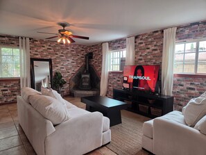 Smart TV, fireplace, video games, DVD player