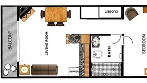 Een plattegrond van een hotelkamer met balkon, woonkamer, badkamer en slaapkamer.