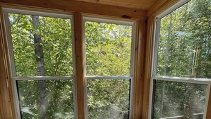 A wooden cabin interior with a bed, large windows, and a view of trees. - Lion Den Cabin A at Walterfalls-Upstate SC (Six Mile)