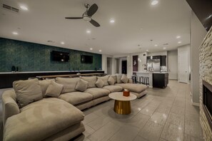 Smart TV, fireplace, video games, table football