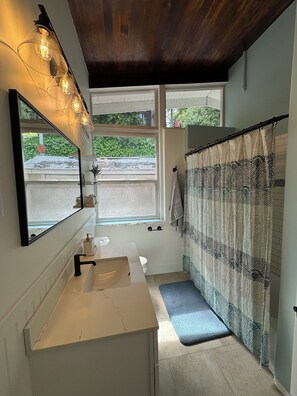 Hair dryer, towels, soap, toilet paper