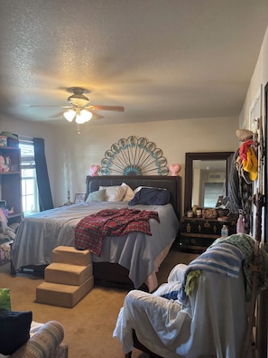 Une chambre à coucher avec un lit, un ventilateur de plafond, une commode et un miroir.