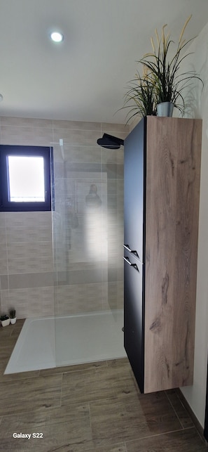 Douche, séchoir à cheveux, serviettes fournies, savon