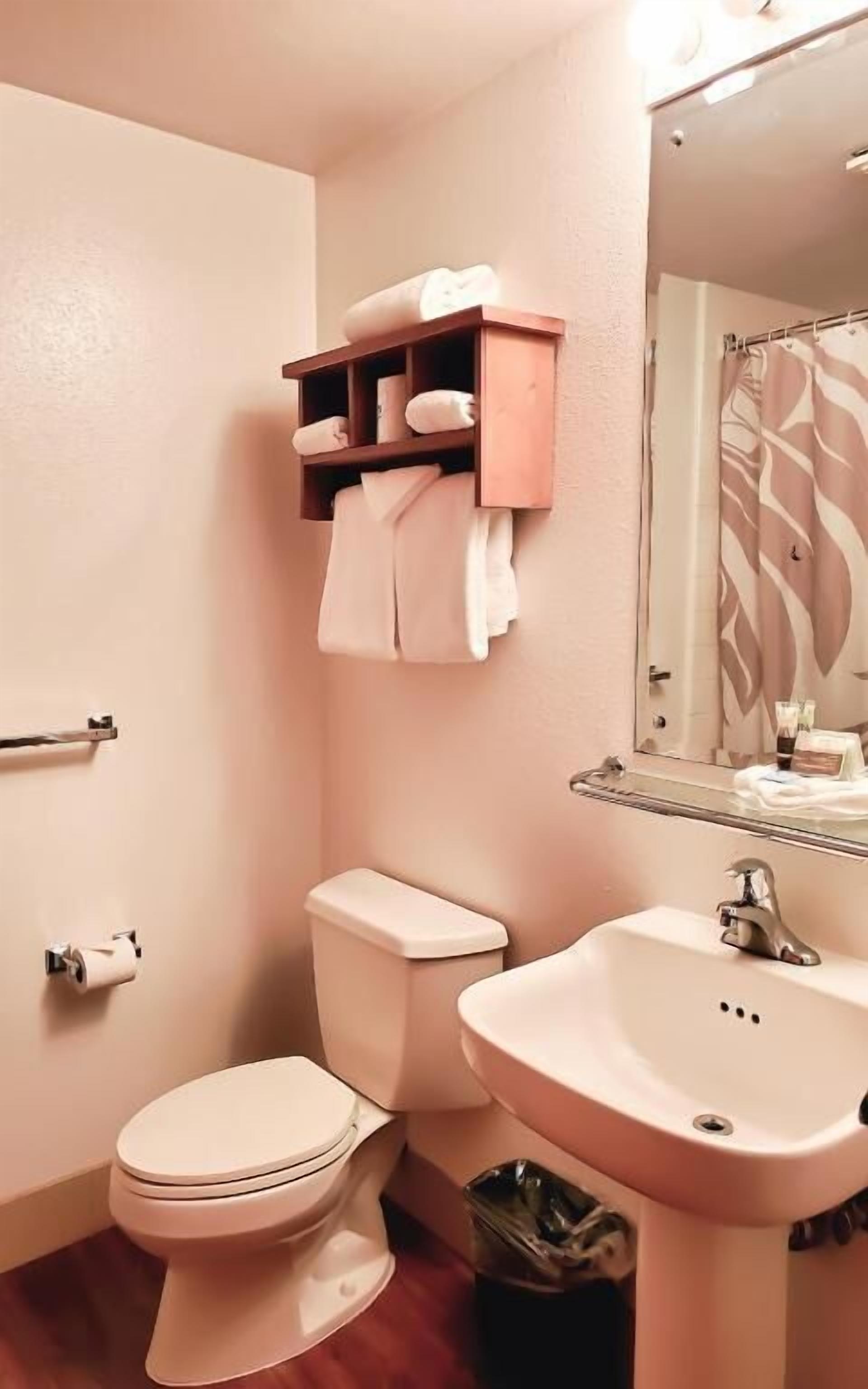 Een badkamer met toilet, wastafel en handdoekrek.
