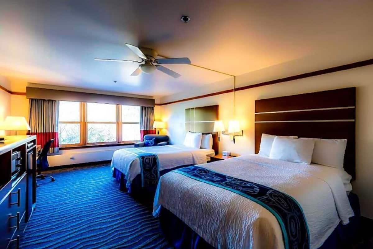Habitación de hotel con dos camas, un escritorio, una silla, un ventilador de techo y un ventanal grande.