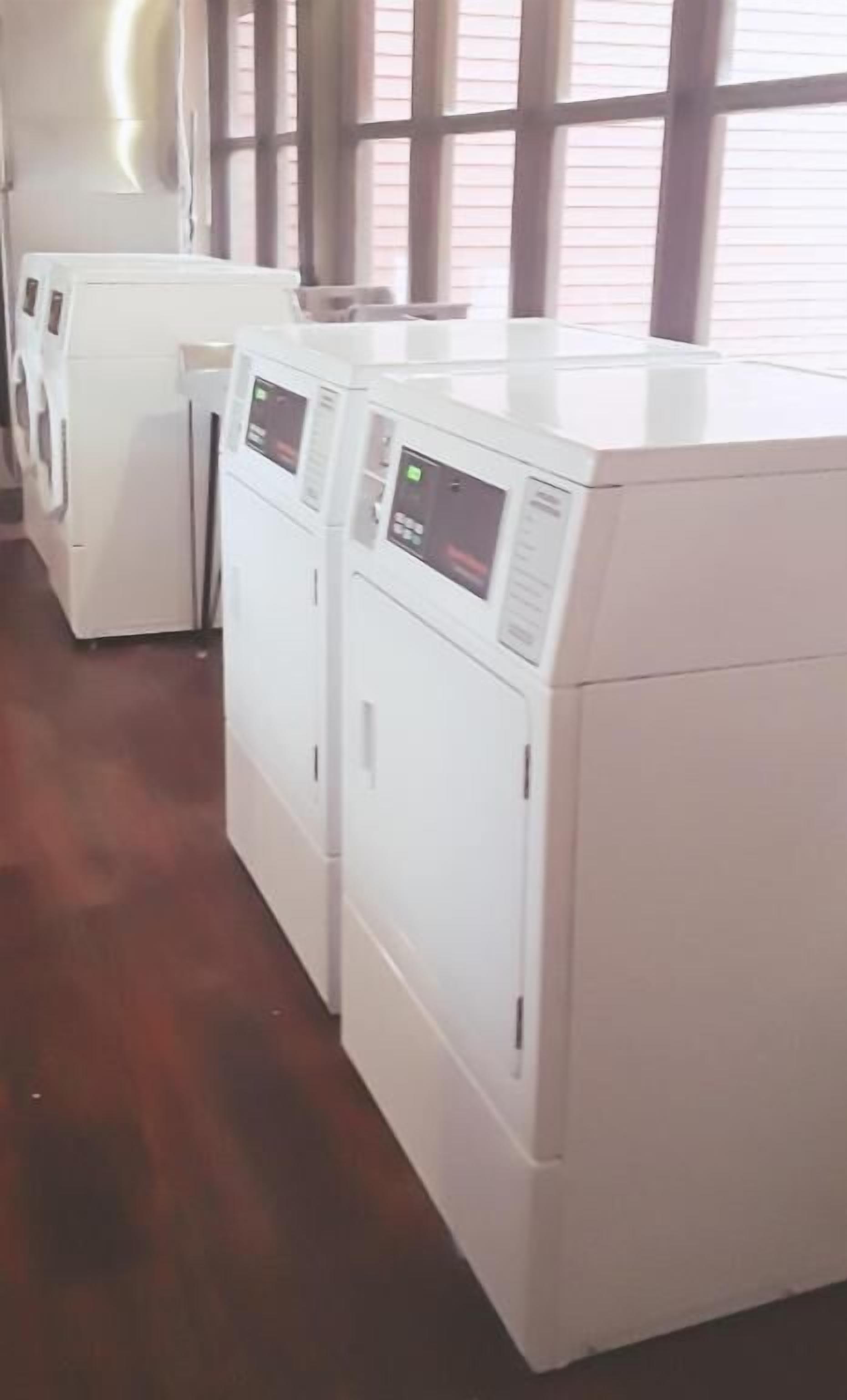 A row of white, modern, front-loading washing machines in a commercial laundry room with large windows and a wooden floor.