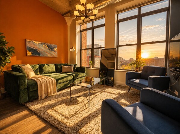 A modern living room with a green sofa, a blue armchair, and a large window with a city view.