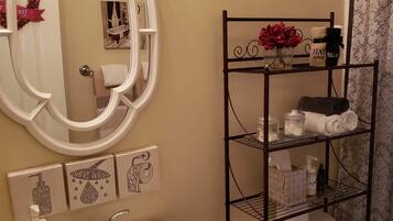 Hair dryer, towels, soap, shampoo