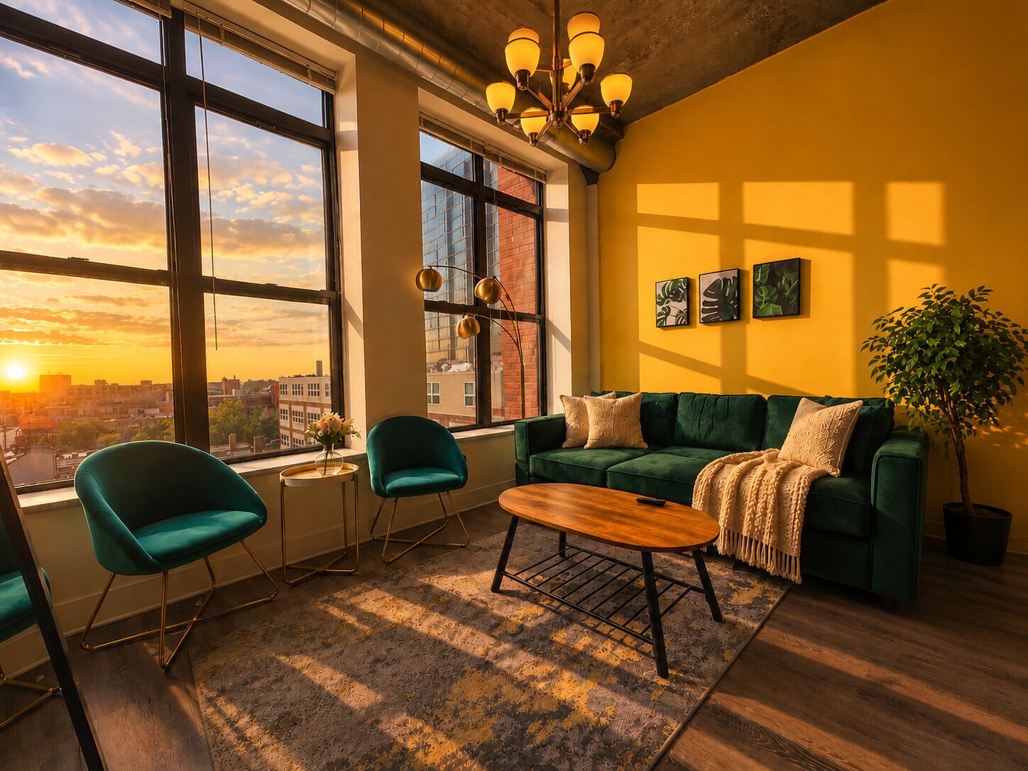 Un salon avec vue sur la ville, un canapé vert, des fauteuils turquoise et une table basse en bois.
