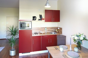 Fridge, microwave, stovetop, coffee/tea maker