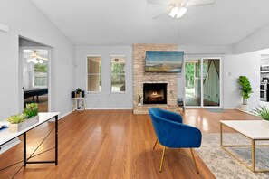 Smart TV, fireplace, table tennis, books