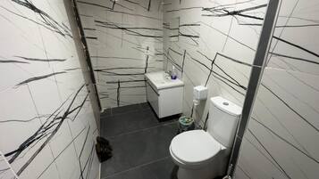Een badkamer met toilet, wastafel en spiegel.